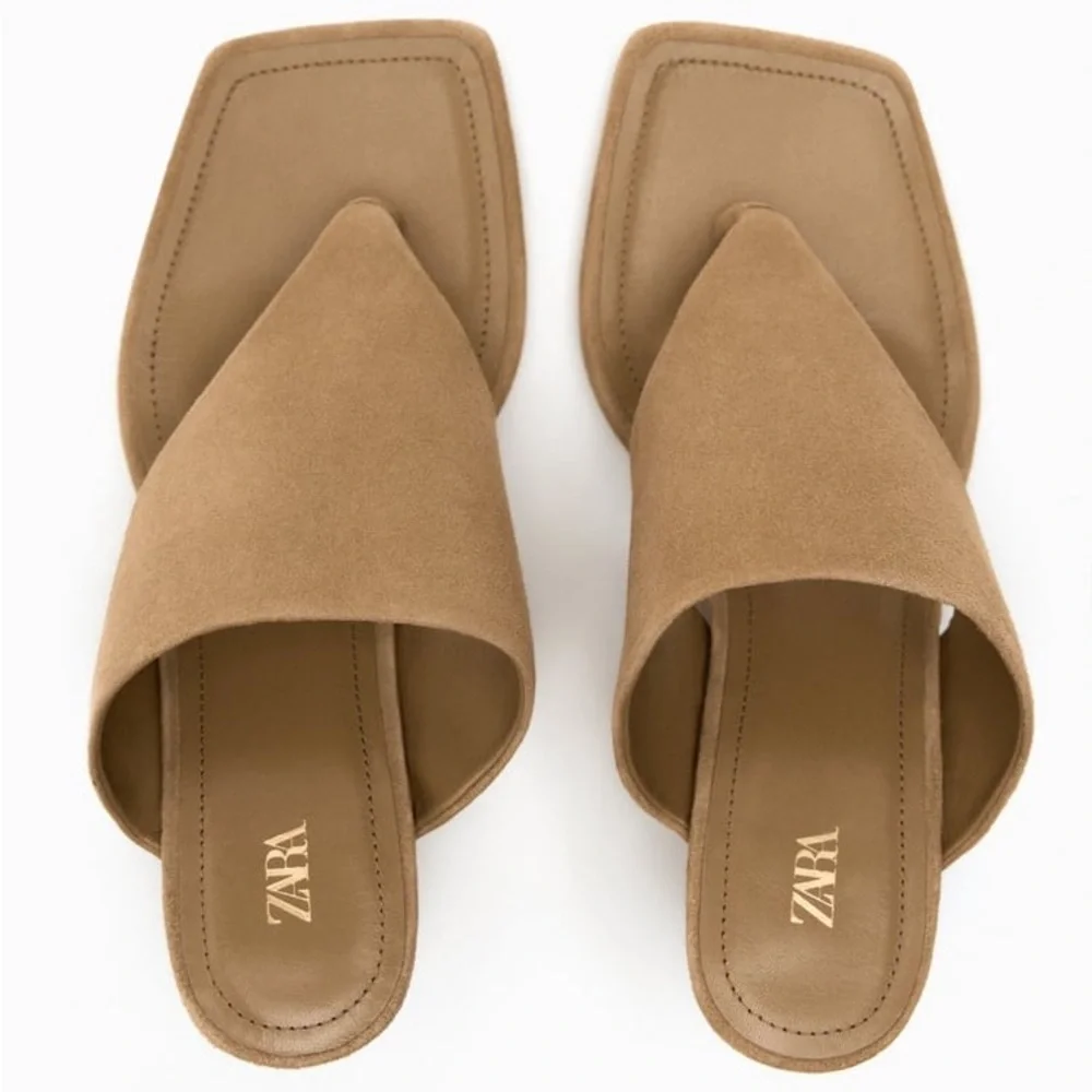 Zara Sandy Brown Toe Post Heeled Suede Leather Sandals - Picture 9 of 12